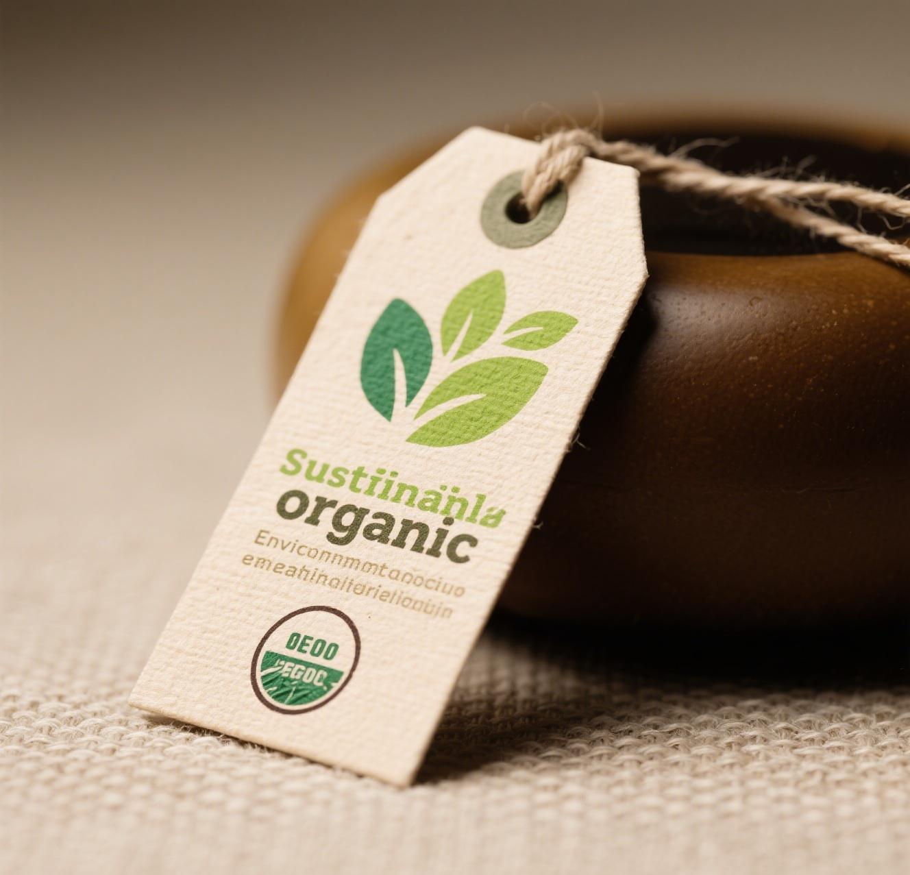 An eco-friendly hang tag on an organic product, promoting sustainability and environmental awareness